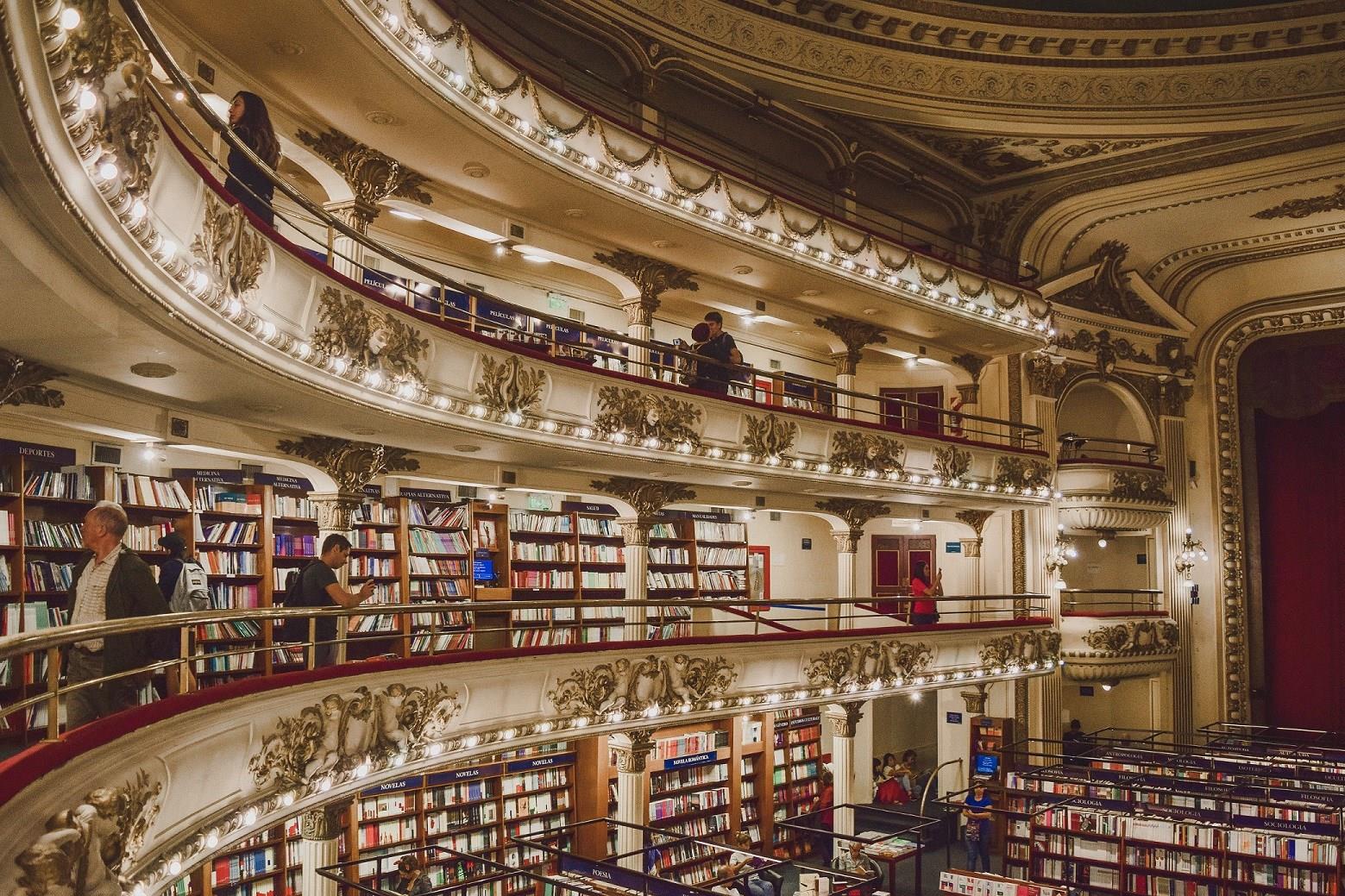 Interior view of library and books in El Ateneo Grand Splendid Interior view of library and books in El Ateneo Grand Splendid - Photo Credit: Norali Nayla