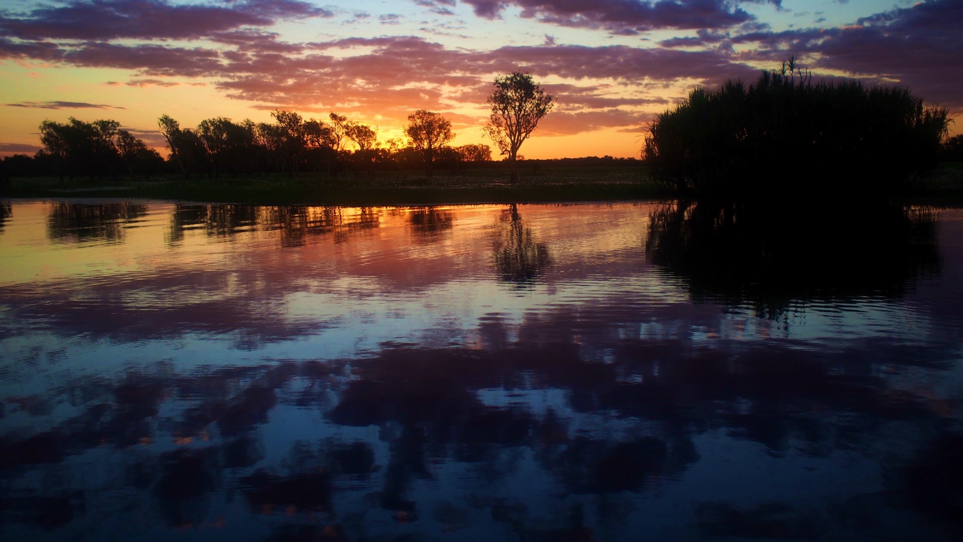 A colorful sunset is reflected in the still waters of Yellow Water Billabong. - Photo Credit: Reesa sc