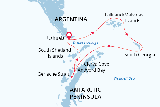 Antarctic Wildlife Adventure Itinerary Map