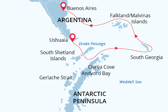 Antarctic Wildlife Adventure Itinerary Map