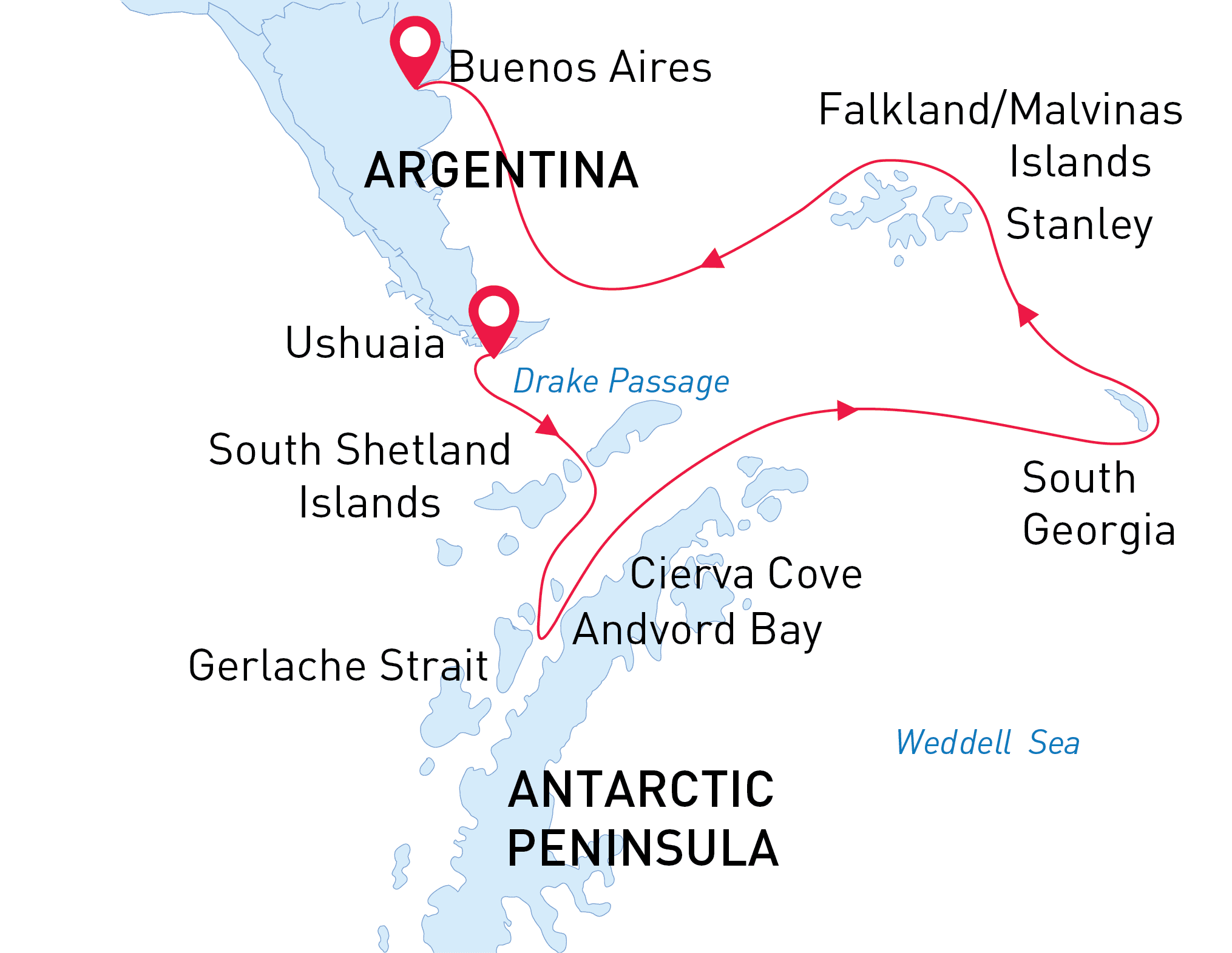 Antarctic Wildlife Adventure Itinerary Map