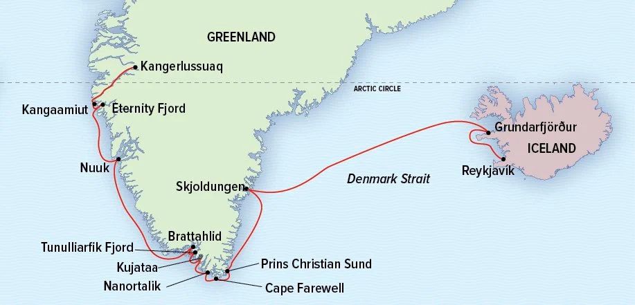 South Greenland Exploration: Fjords, Waterfalls and Fishing Villages Itinerary Map
