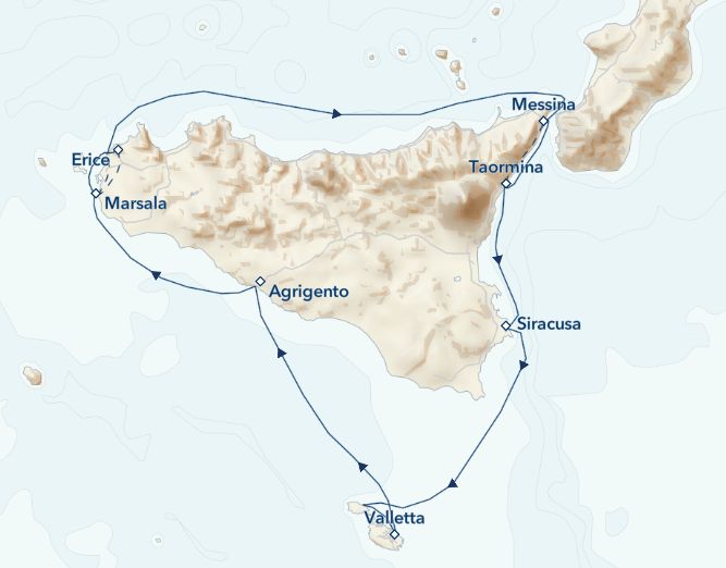 The Ancient Shores of Sicily and Malta Aboard Sea Cloud II Itinerary Map