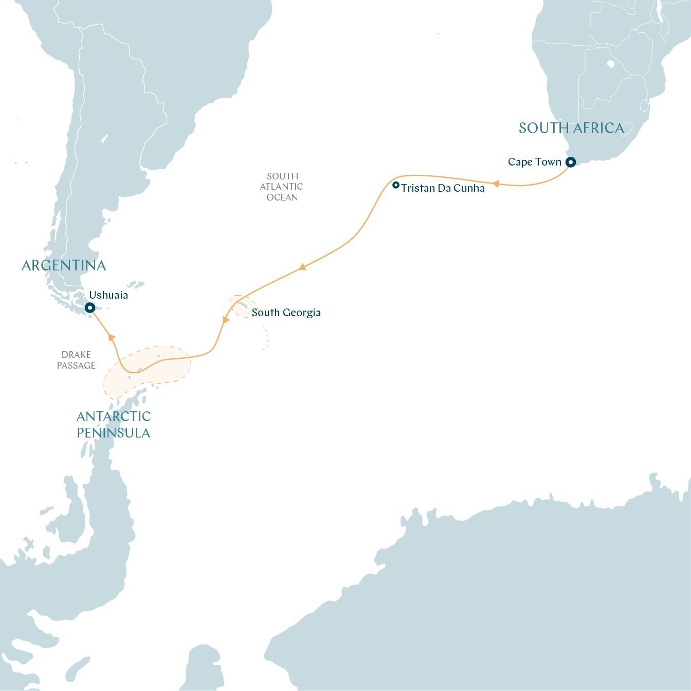 South Atlantic cruise: from Antarctica to South Africa Itinerary Map