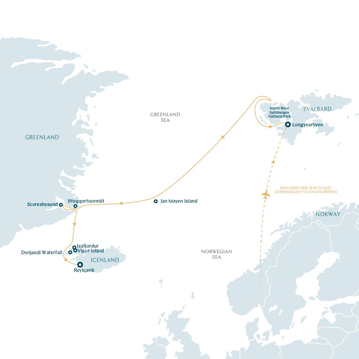 Arctic cruise in Svalbard, Greenland and Iceland Itinerary Map