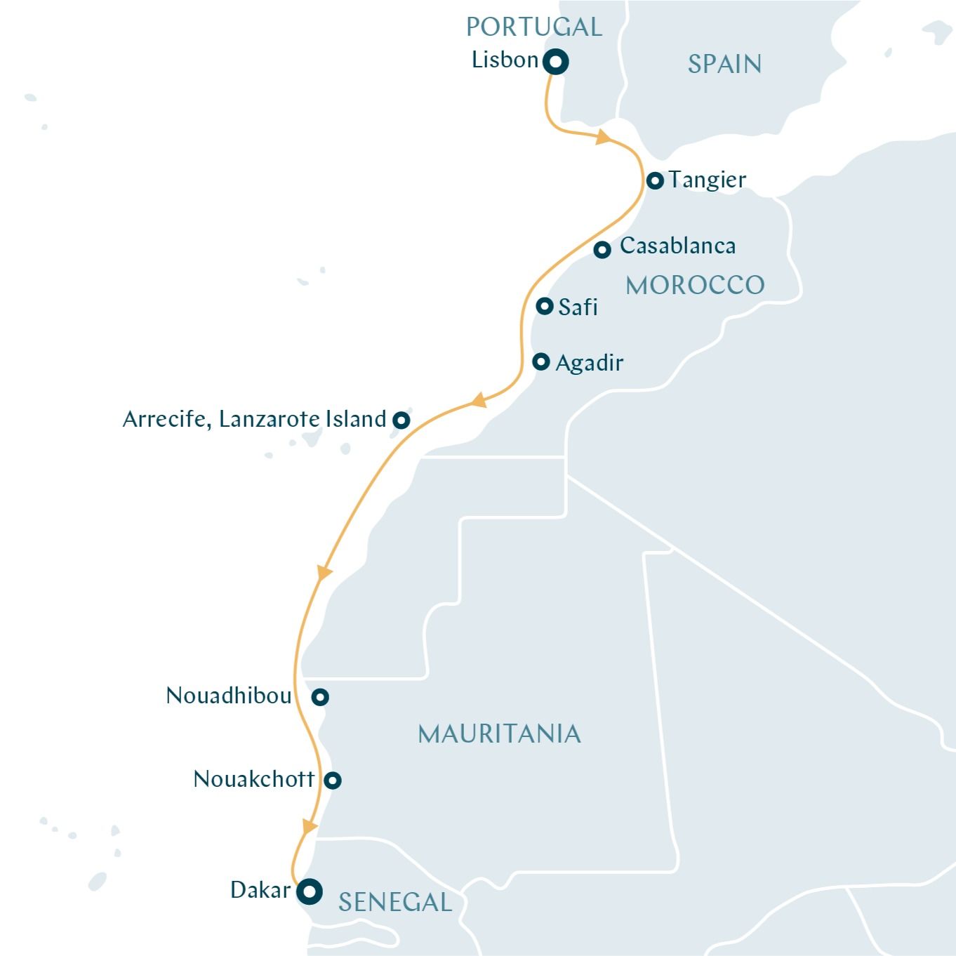 Atlantic Cruise from Portugal to Senegal Itinerary Map