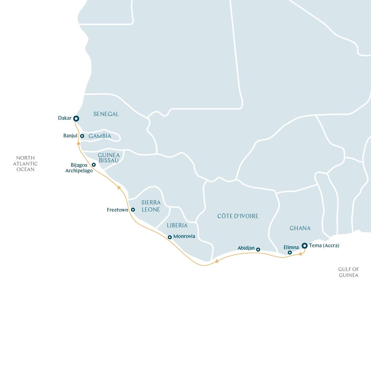 Cruise West Africa: The Slavery Coast Itinerary Map