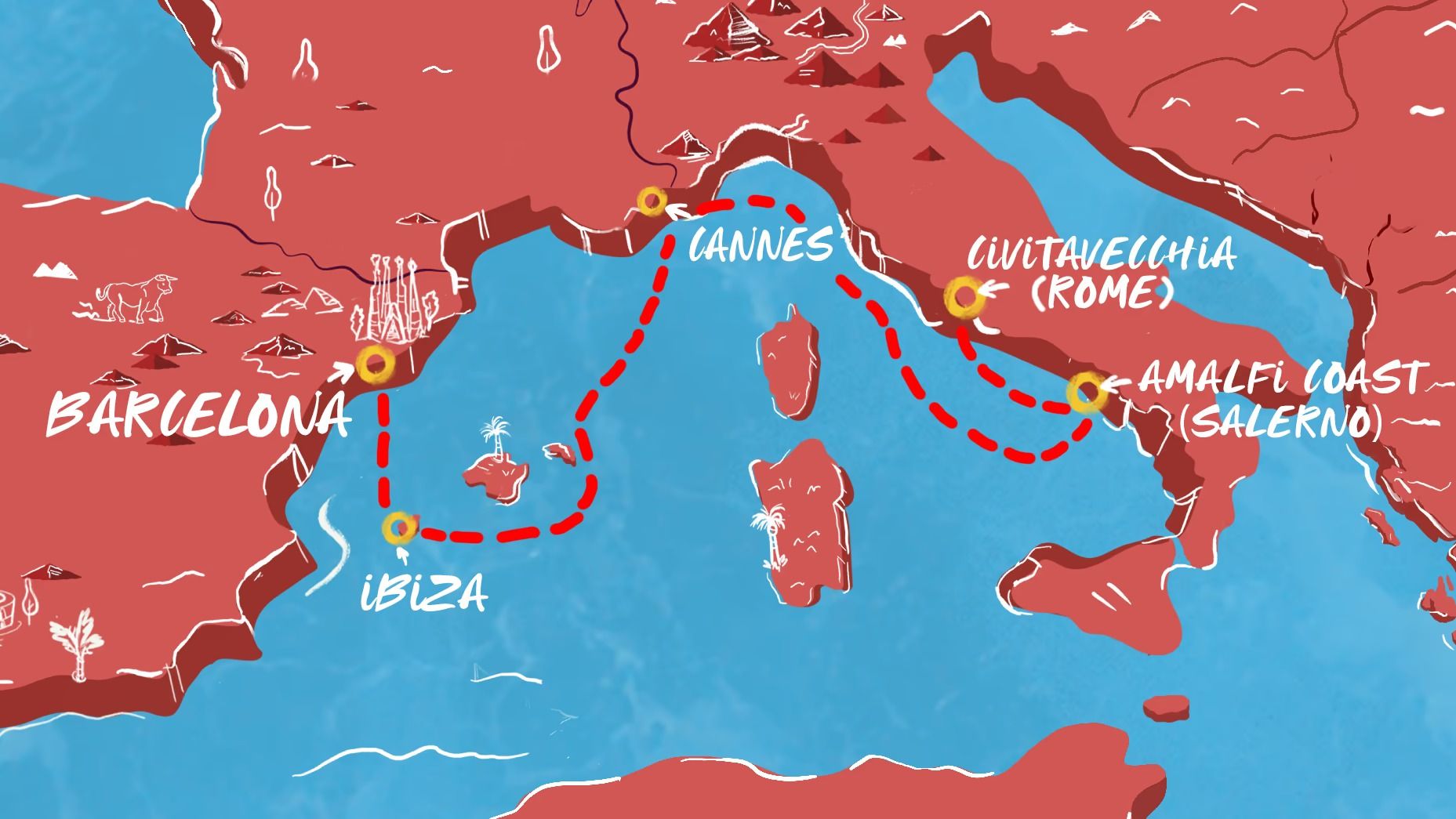 Amalfi Coast, Cannes & Ibiza Itinerary Map