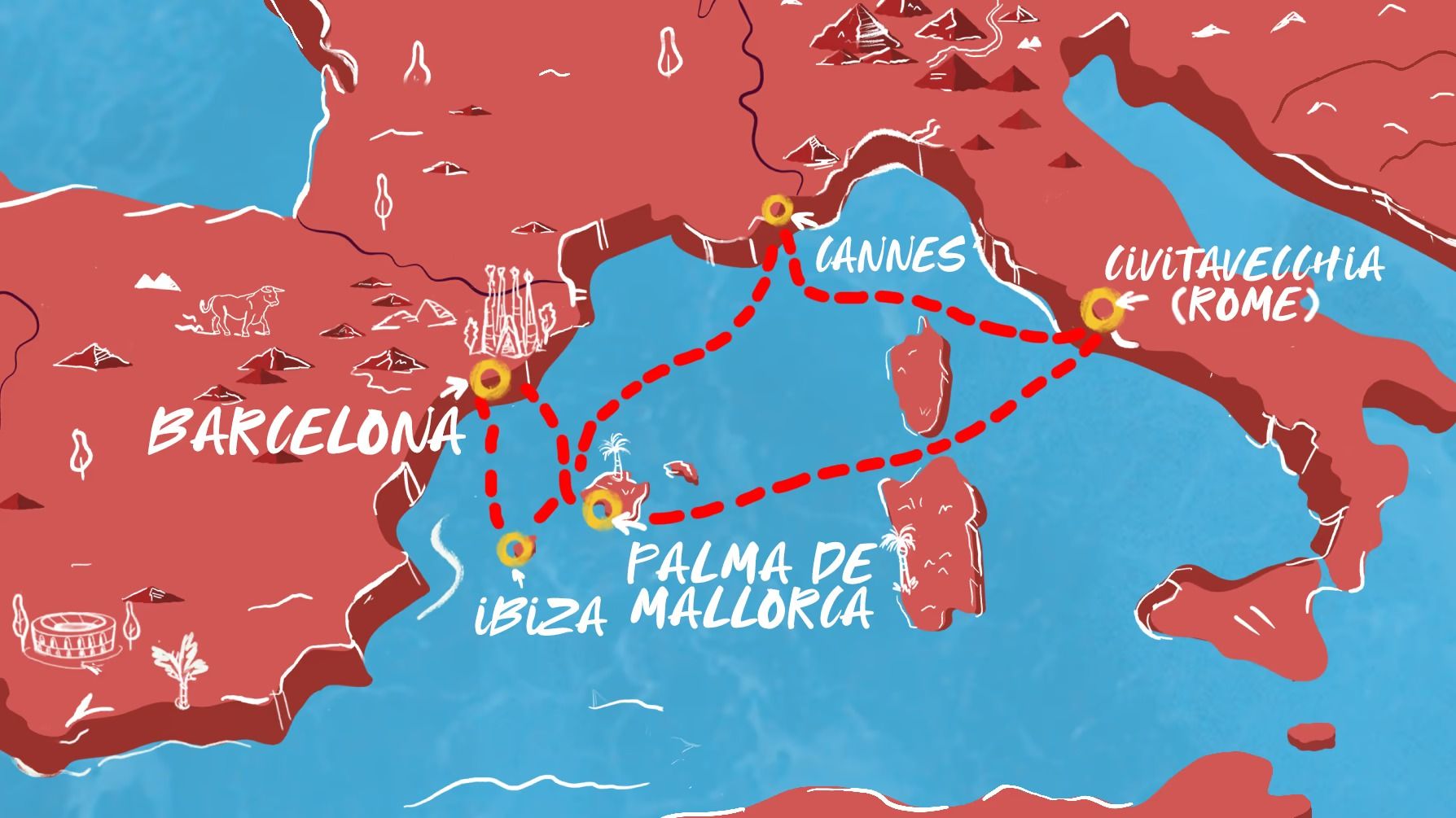 Spanish Isles, Rome & Cannes Itinerary Map