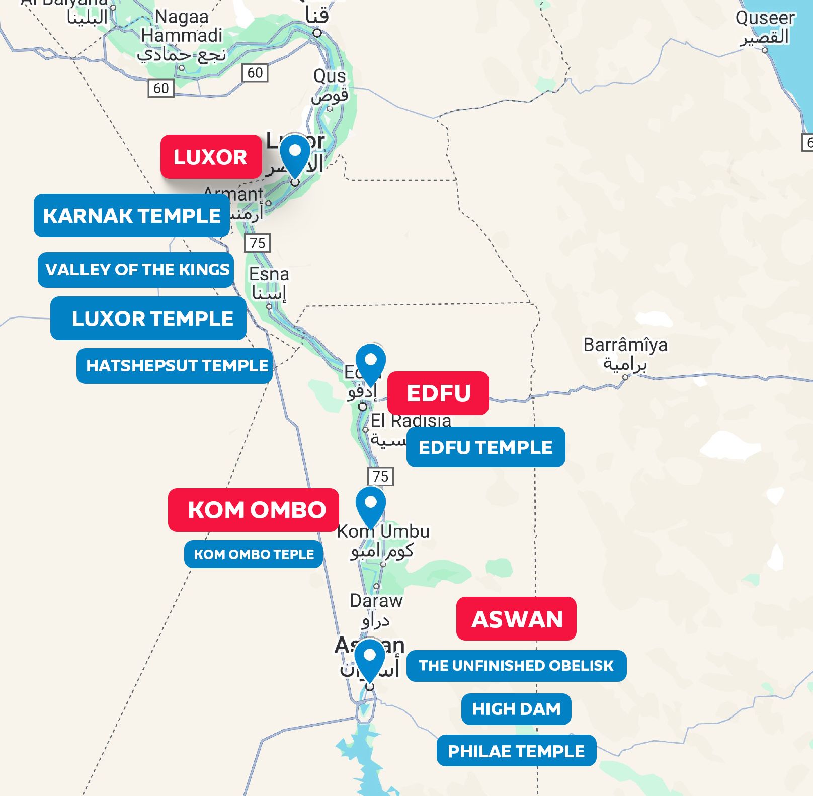 2 Nights Alexandria + 3 Nights Cruise + 2 Nights Cairo ( from Luxor to Aswan ) Itinerary Map