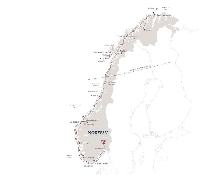 The North Cape Line - Roundtrip Itinerary Map
