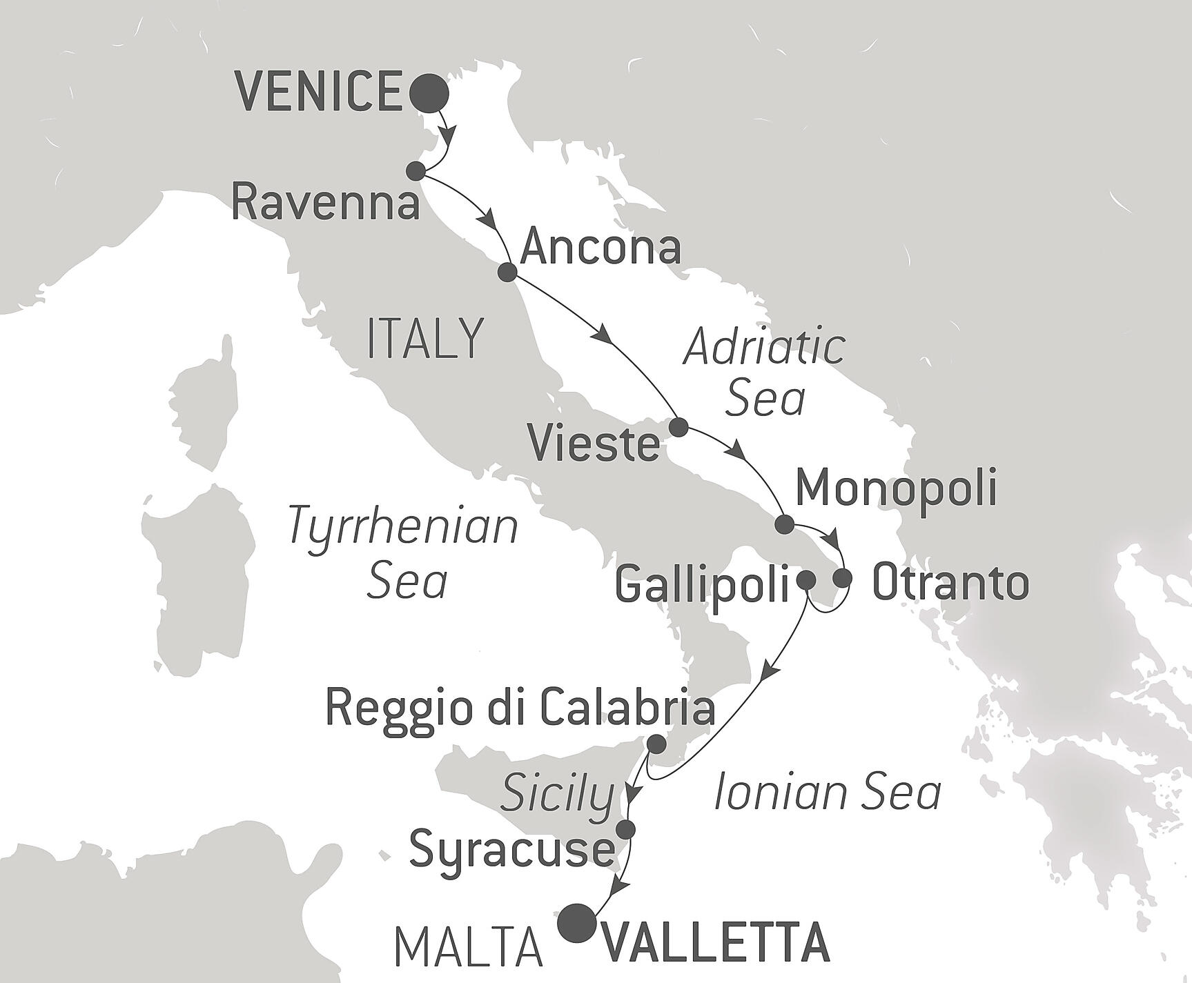 Italy, between the Adriatic Sea & the Ionian Sea Itinerary Map
