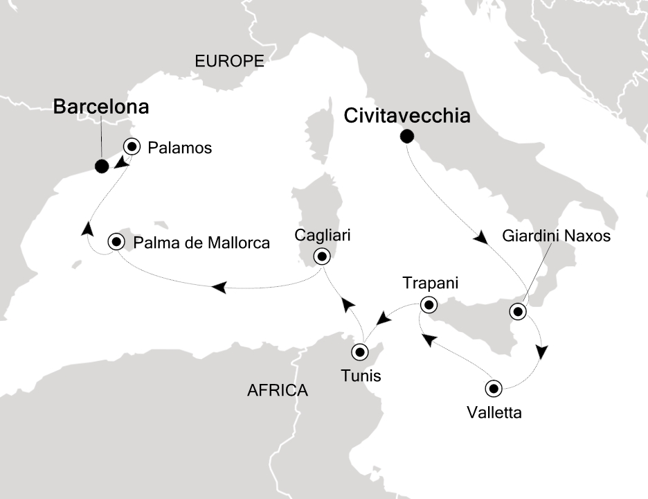 Mediterranean                                      Cruise Itinerary Map