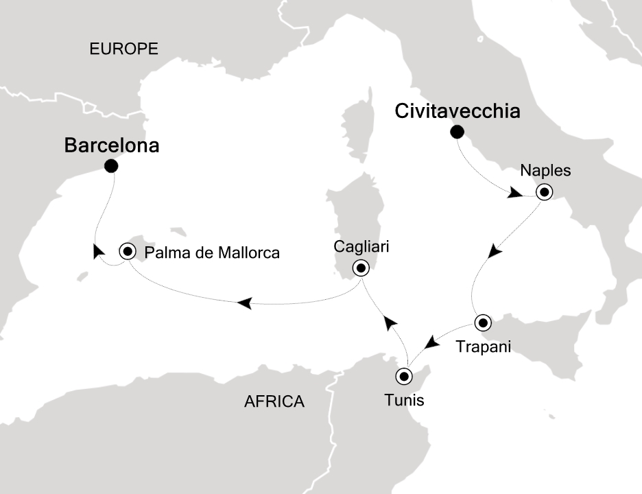 Mediterranean                                      Cruise Itinerary Map