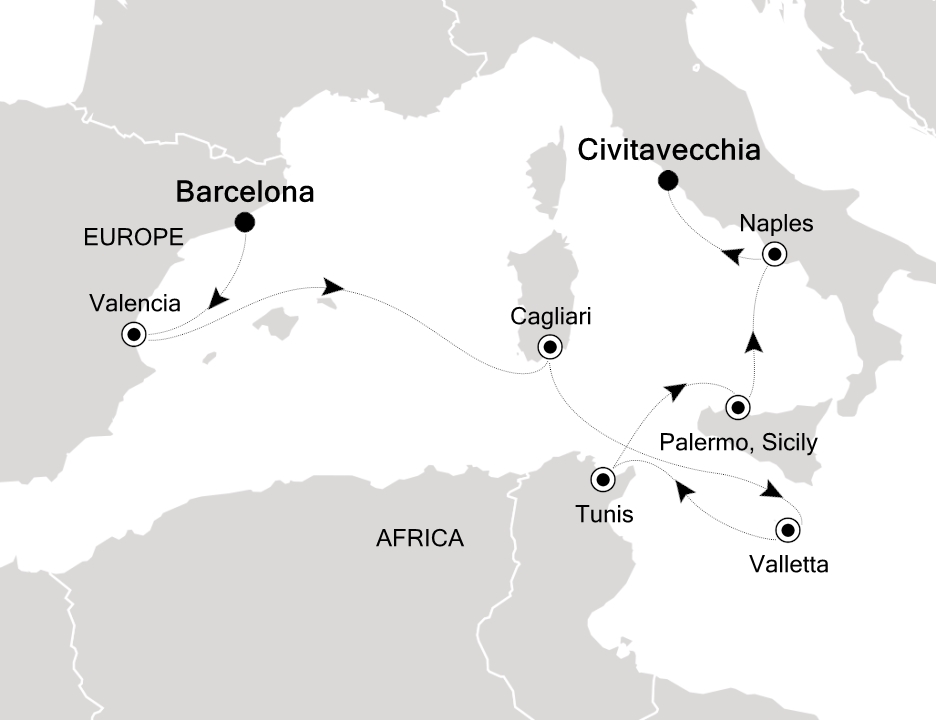 Mediterranean                                      Cruise Itinerary Map