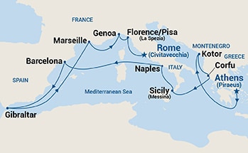 14-Day Mediterranean with Greece, France & Italy Itinerary Map