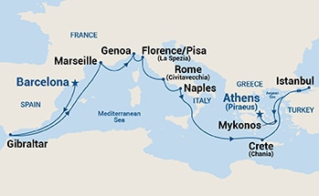 14-Day Mediterranean with Greek Isles, France & Turkey Itinerary Map