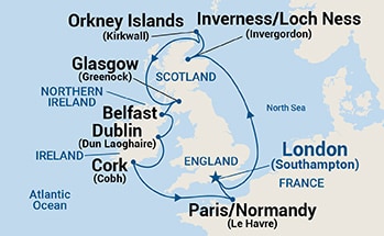 12-Day British Isles with France & Belfast Itinerary Map