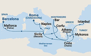 14-Day Mediterranean with Greek Isles, Italy & Turkey Itinerary Map