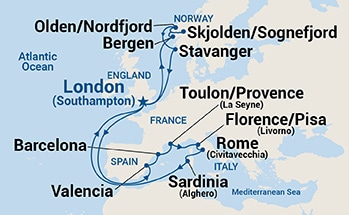 21-Day Norwegian Fjords & Mediterranean Adventurer Itinerary Map