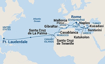 23-Day Mediterranean, Aegean & Moroccan Passage Itinerary Map
