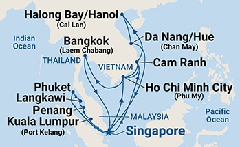 24-Day Malaysia, Thailand & Vietnam with Halong Bay Itinerary Map