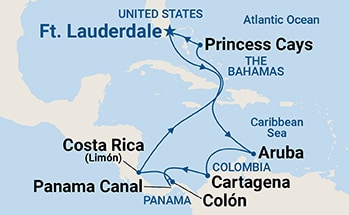 12-Day Panama Canal with Costa Rica & Caribbean Itinerary Map