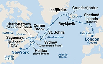22-Day World Cruise Segment - London (Dover) to New York Itinerary Map