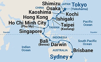 30-Day Circle Pacific Segment (Toyko to Sydney) Itinerary Map